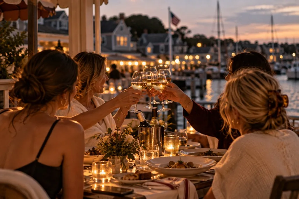 Candlelit harbor dinner toast at blue hour with sailboats and town lights beyond