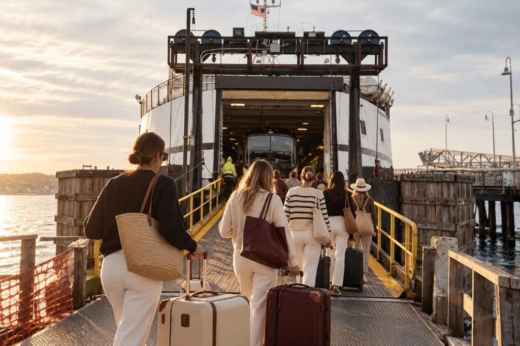 Friends boarding the Vineyard Haven ferry with weekend bags at golden hour