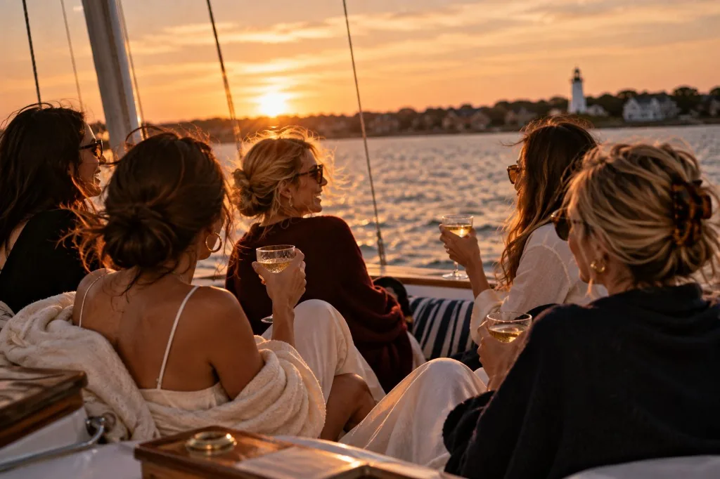Friends toasting on a sailboat at golden hour with a lighthouse across the water