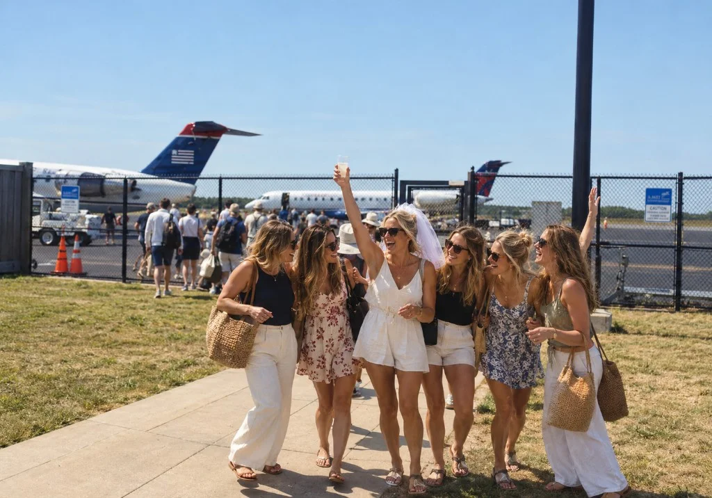 Bachelorette group arriving at a small regional airport with planes on the tarmac