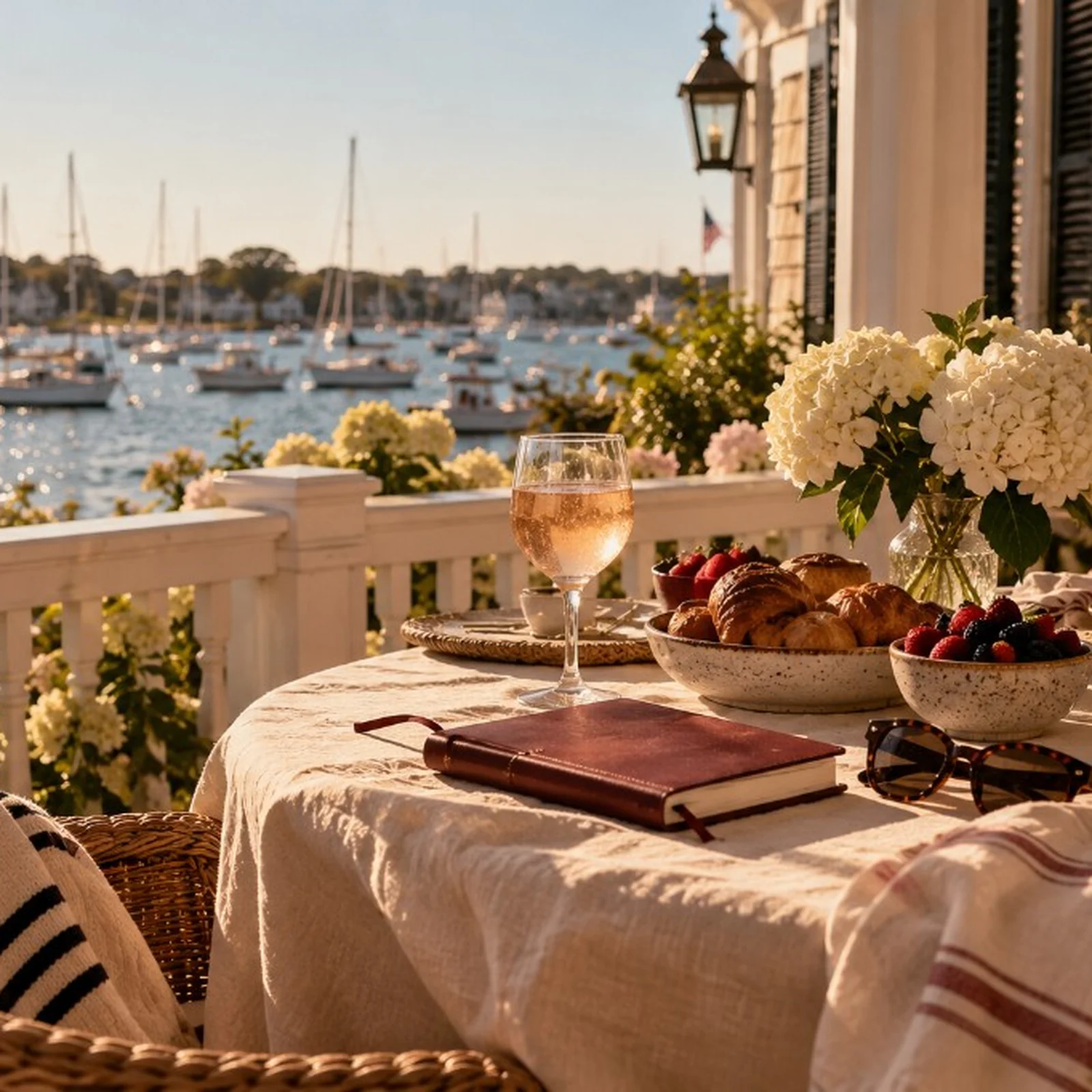 Golden-hour porch brunch overlooking a harbor of sailboats