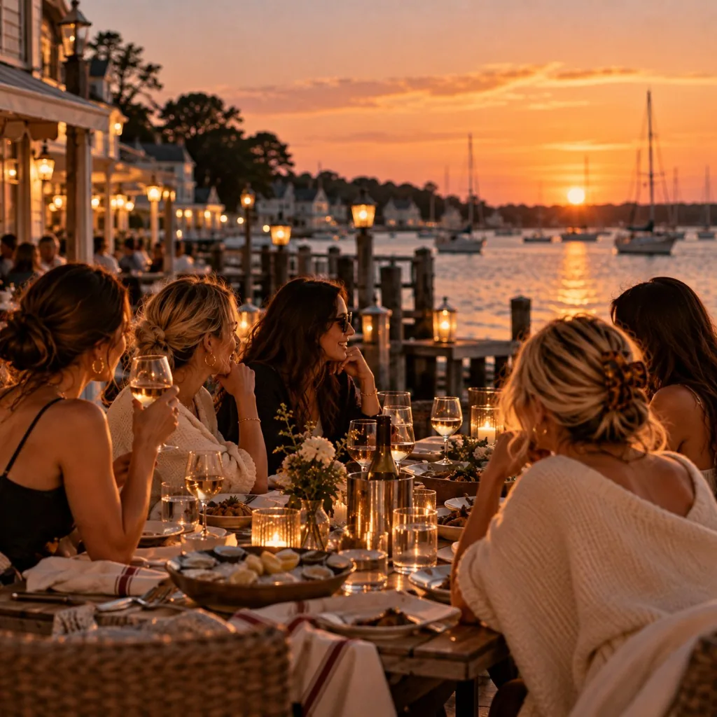 Sunset oyster dinner at a harborside table with wine and sailboats