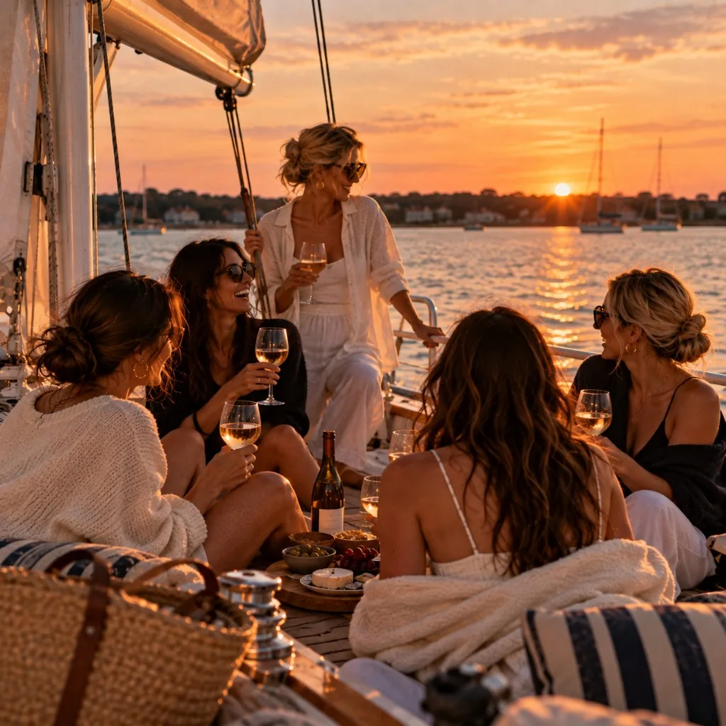 Friends laughing over a yacht picnic with cheese, wine, and a golden-hour harbor