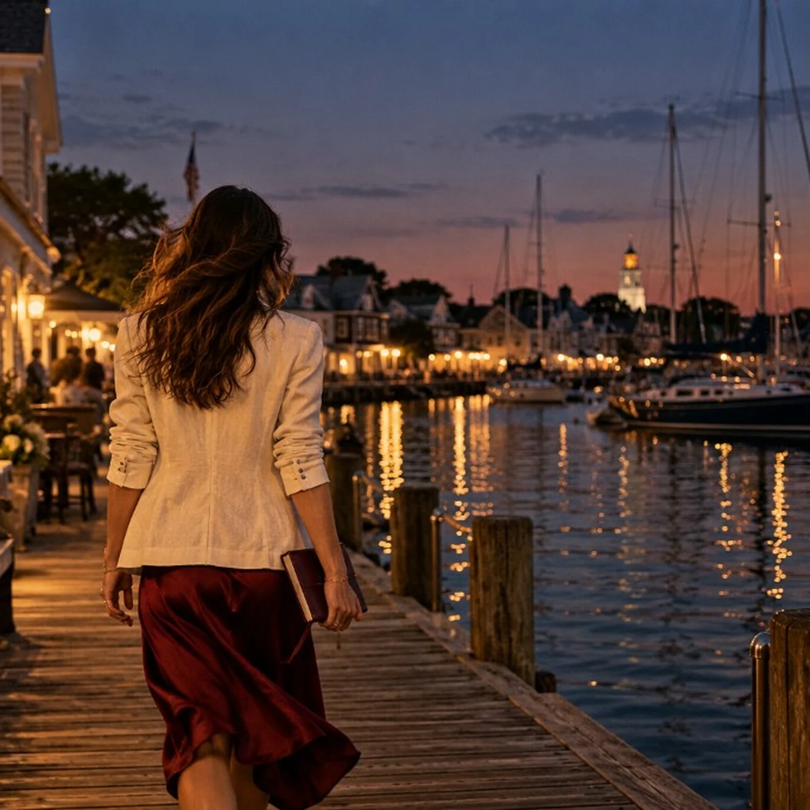 Harbor boardwalk stroll at dusk with wine skirt and leather notebook