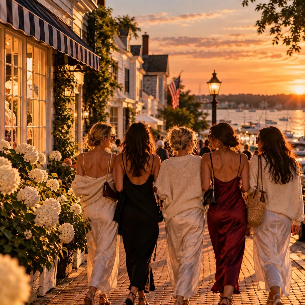 Friends walking a harbor-side street lined with hydrangeas at golden hour