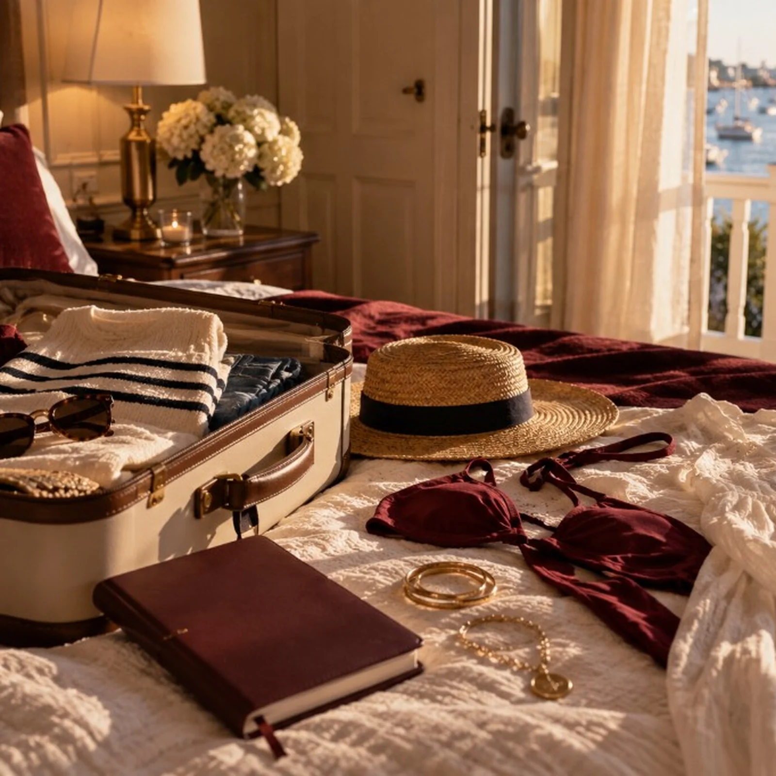 Inn packing scene with open suitcase and sailboats beyond the balcony