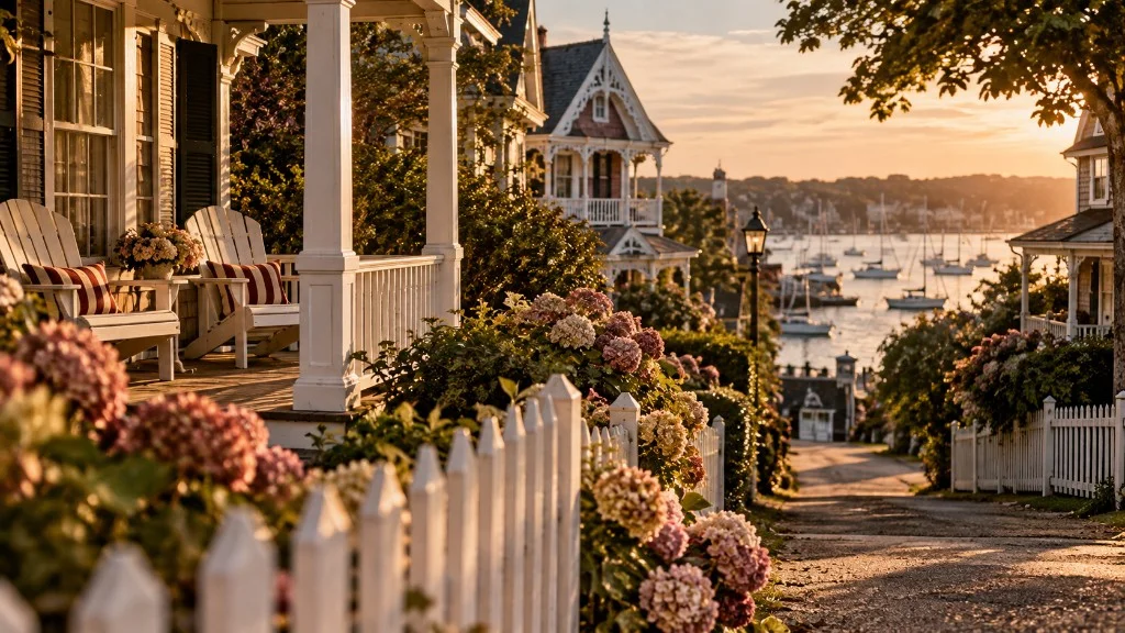 Golden-hour gingerbread cottage lane with hydrangeas and sailboats in the harbor