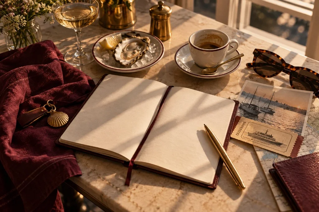 Sunlit travel planning still life with open notebook, gold pen, and ferry ticket